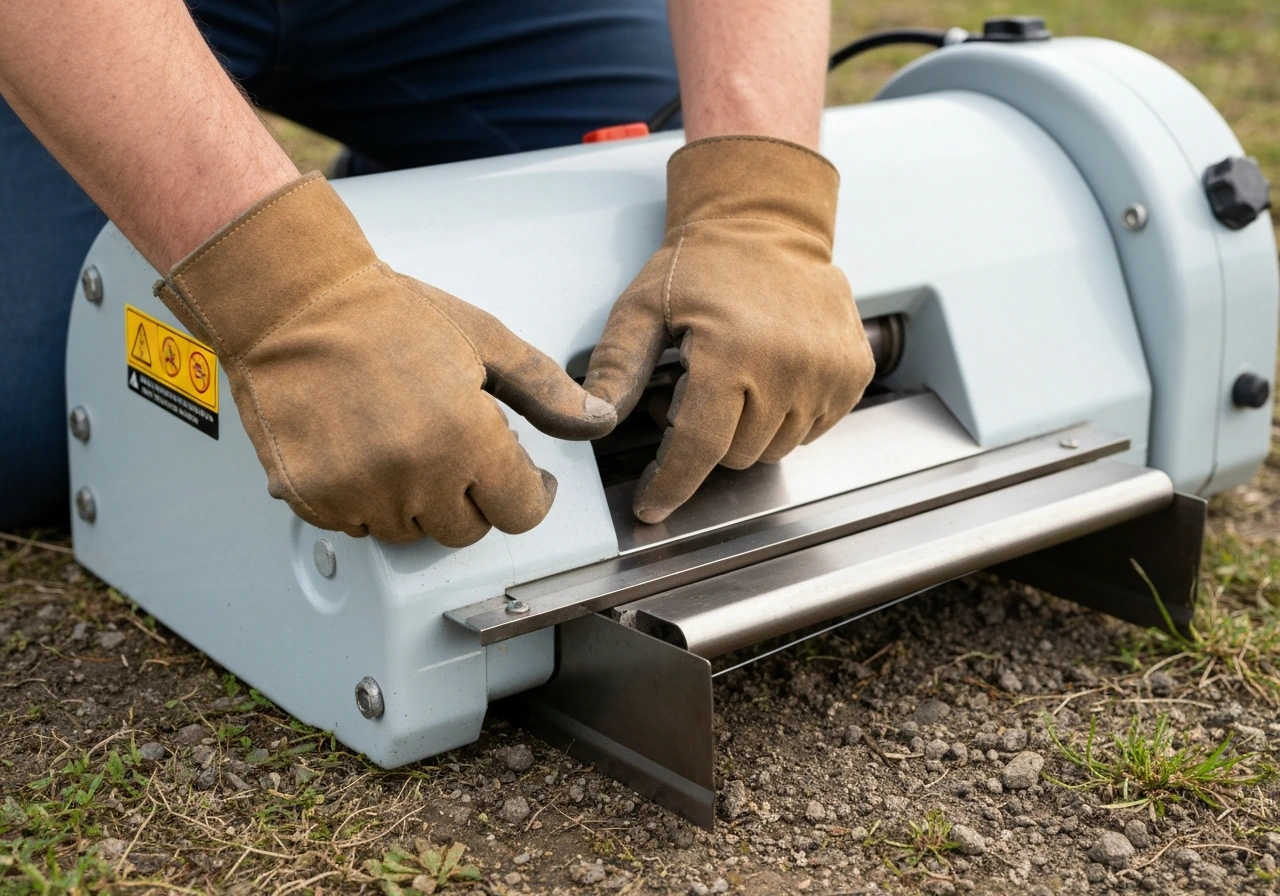 Mains gantées près de la tête à fil d’une débroussailleuse thermique, moteur à l’arrêt, fil immobile.