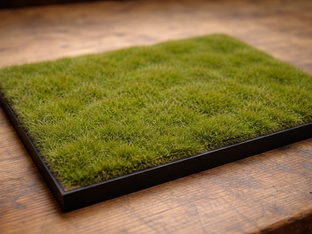 Plaque de diorama avec flocage herbe fraîchement posé, texture fibreuse réaliste sur un établi.