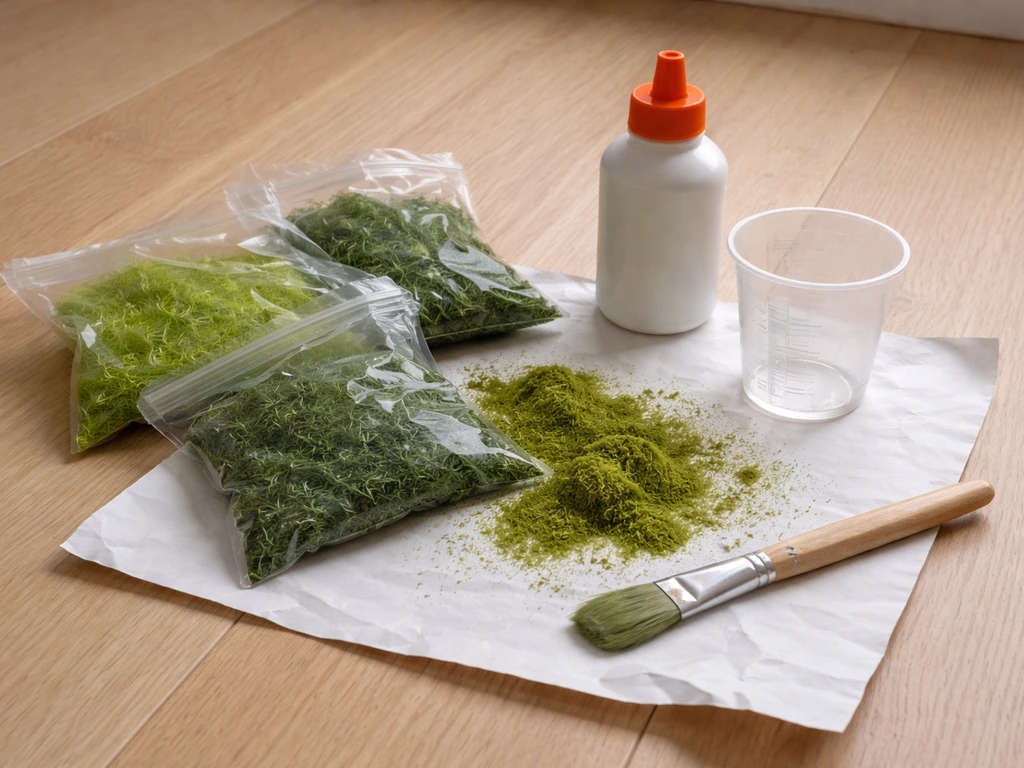 Ustensiles de flocage : fibres d’herbe, pot de colle PVA, pinceau, gobelet doseur et papier de récupération.