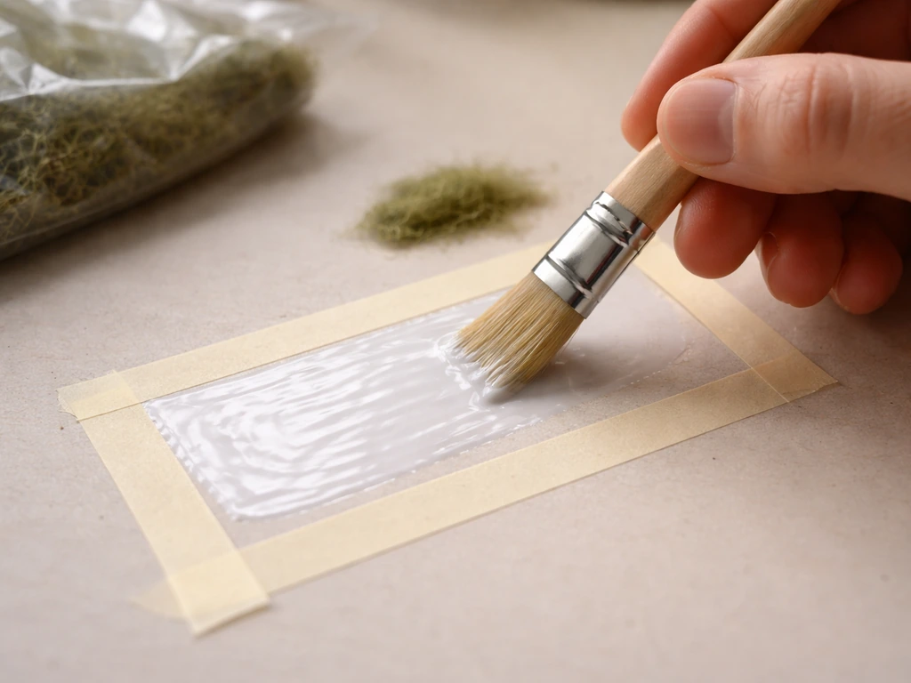 Main avec pinceau qui étale une colle PVA diluée sur une zone délimitée, préparation avant saupoudrage de fibres.