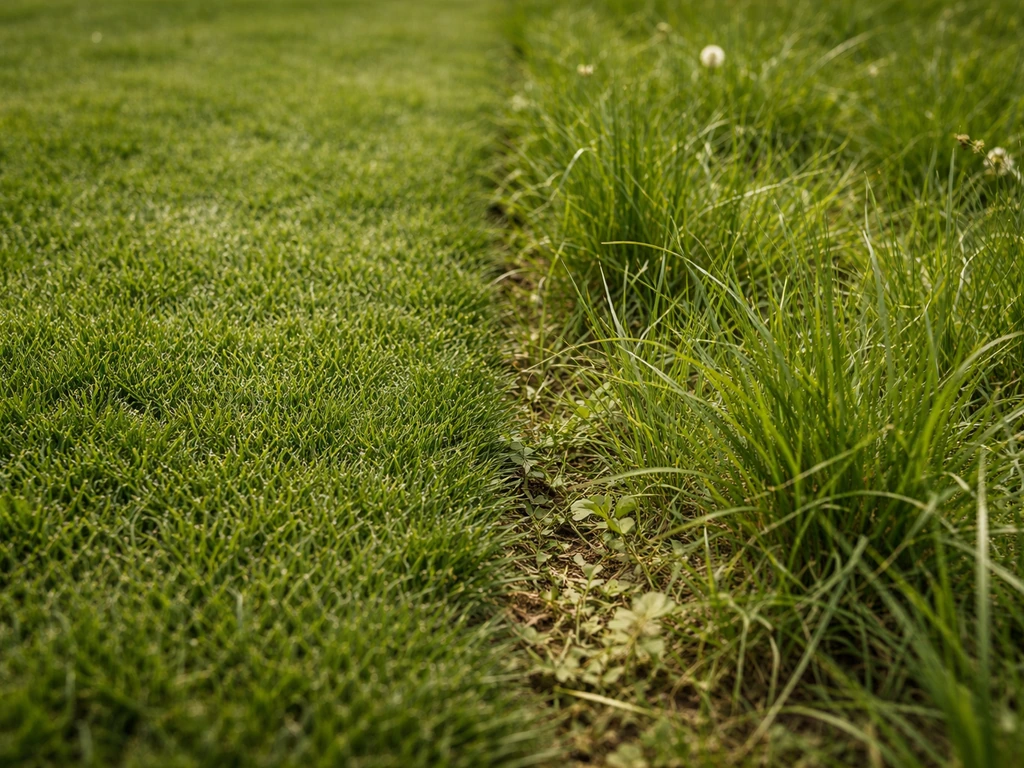Comparaison côte à côte : pelouse courte dense et prairie plus longue, fibres visibles et naturelles.
