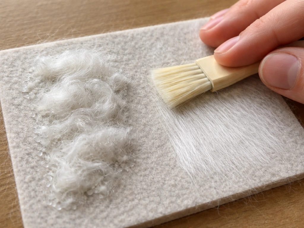 Gros plan sur un support recouvert de fibres, avec une zone corrigée après séchage (brossage et redistribution).