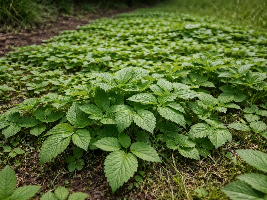 Vue rapprochée d’une plante invasive à feuilles vertes envahissant une pelouse dans un jardin