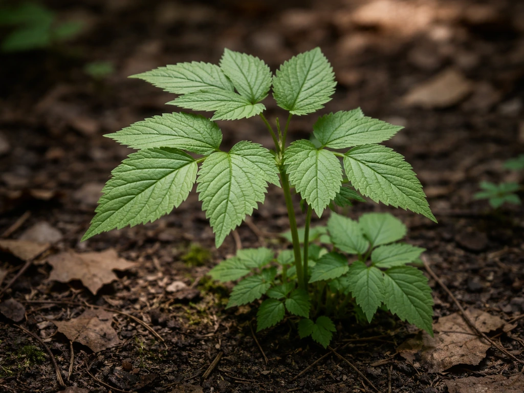 Gros plan sur les feuilles de l’egopode podagraire, à l’aspect finement découpé, sur fond de sol forestier.