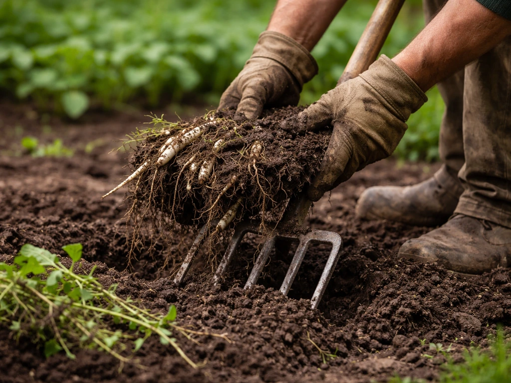 Mains utilisant une fourche-bêche pour soulever la terre et extraire des rhizomes dans un potager.
