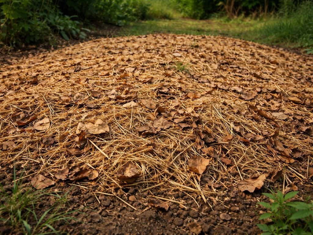 Paillage épais de paille et feuilles mortes sur une zone de jardin, sombre et recouvrant pour empêcher la repousse