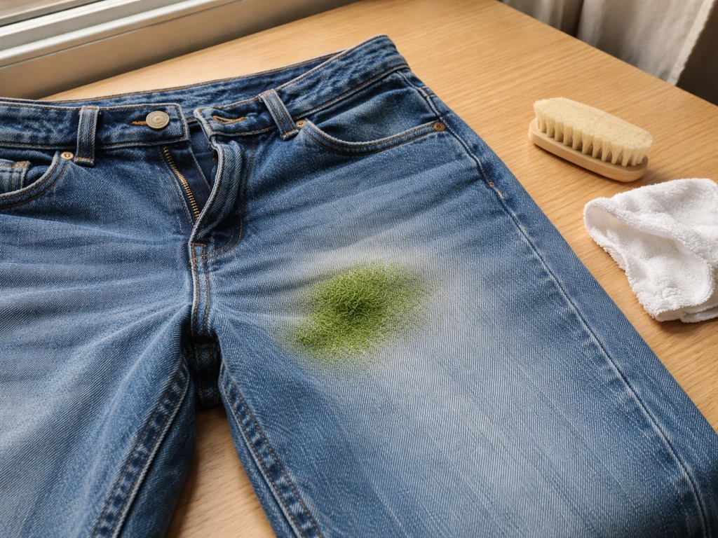 Jean avec une tâche d’herbe partiellement nettoyée, sur table en bois, brosse et chiffon à côté.