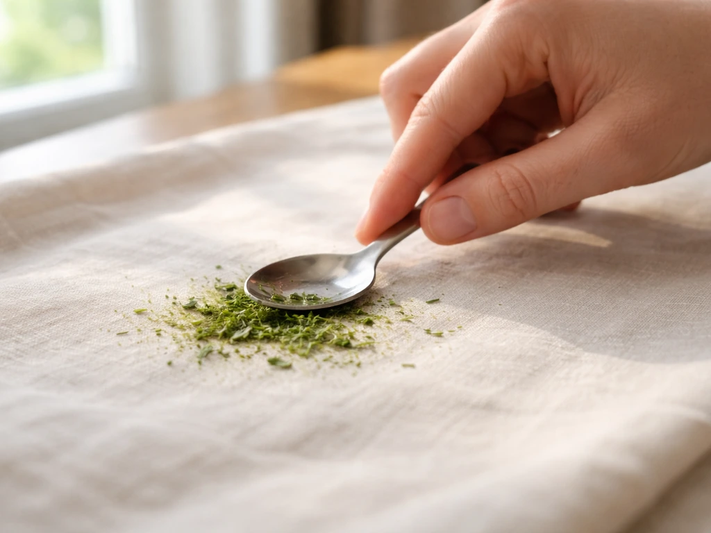 Tache d’herbe fraîche sur un tissu, résidus grattés doucement avec le dos d’une cuillère