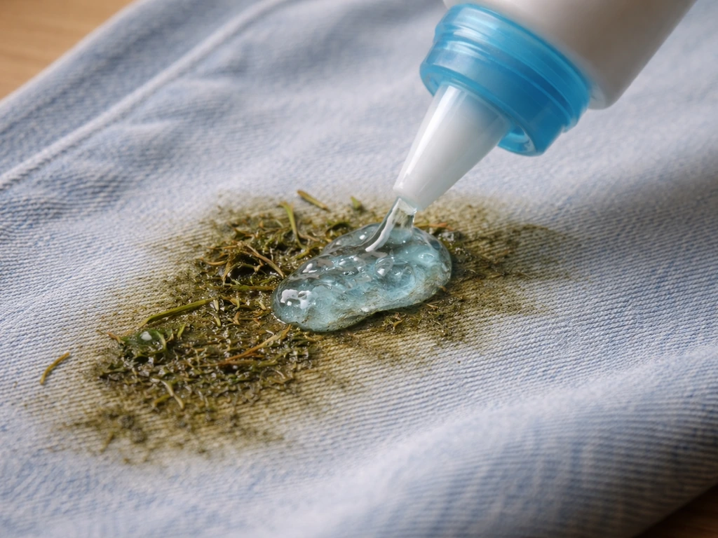 Gros plan sur une tache d’herbe sur tissu, détachant en gel appliqué localement avec un flacon.