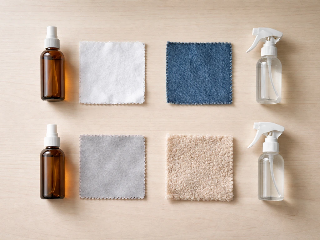 Quatre carrés de tissus (coton blanc, jean, polyester, laine) avec deux produits ménagers à côté, sans texte.