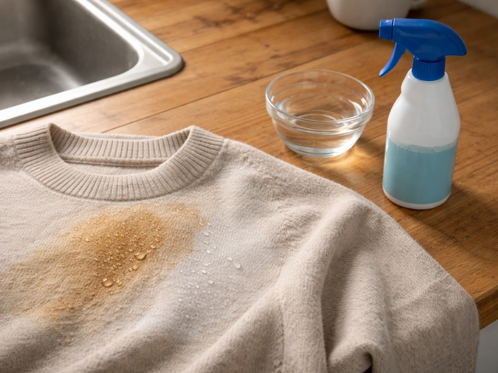 Vêtement en laine taché sur une table, eau froide et détachant oxygéné à côté, rattrapage partiel avant/après.