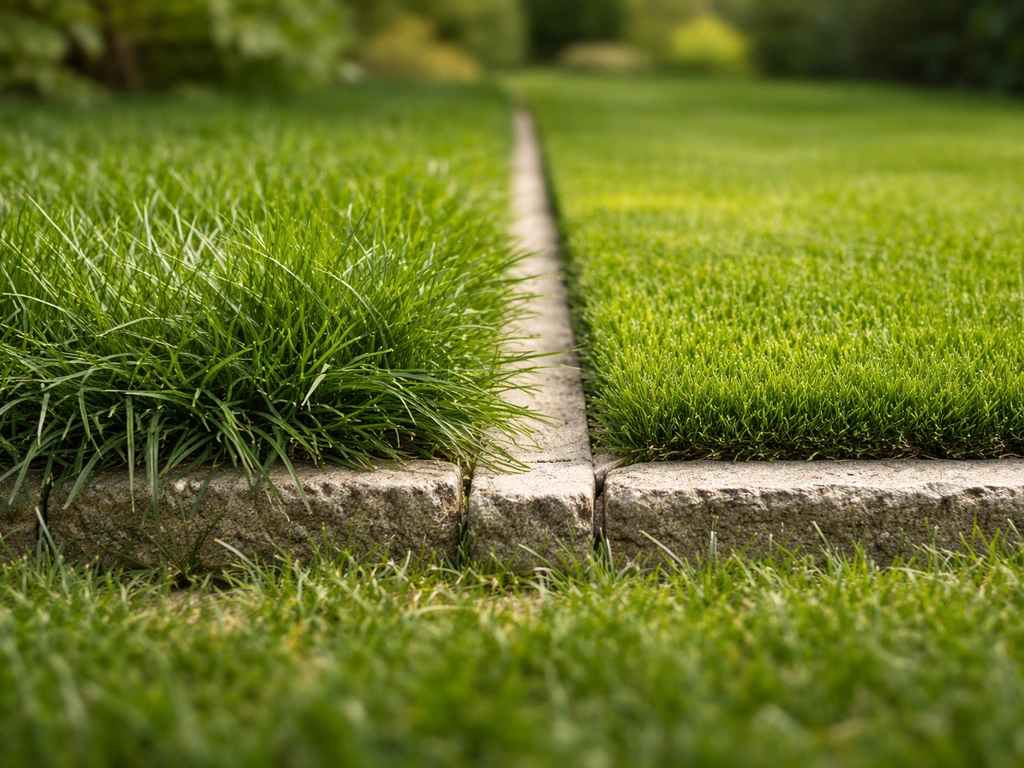 Bordures de pelouse à côté : herbe débordante d’un côté, bord taillé net de l’autre.