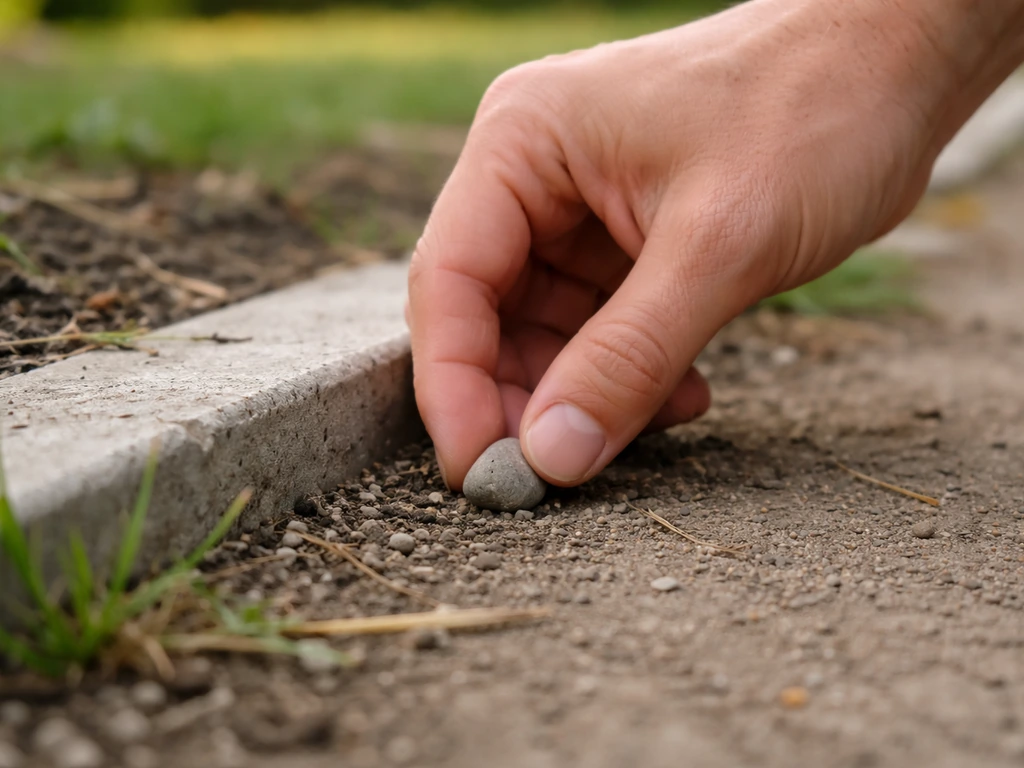Main en train d’enlever un petit caillou au bord d’une bordure avant la coupe, jardin propre et minimal.