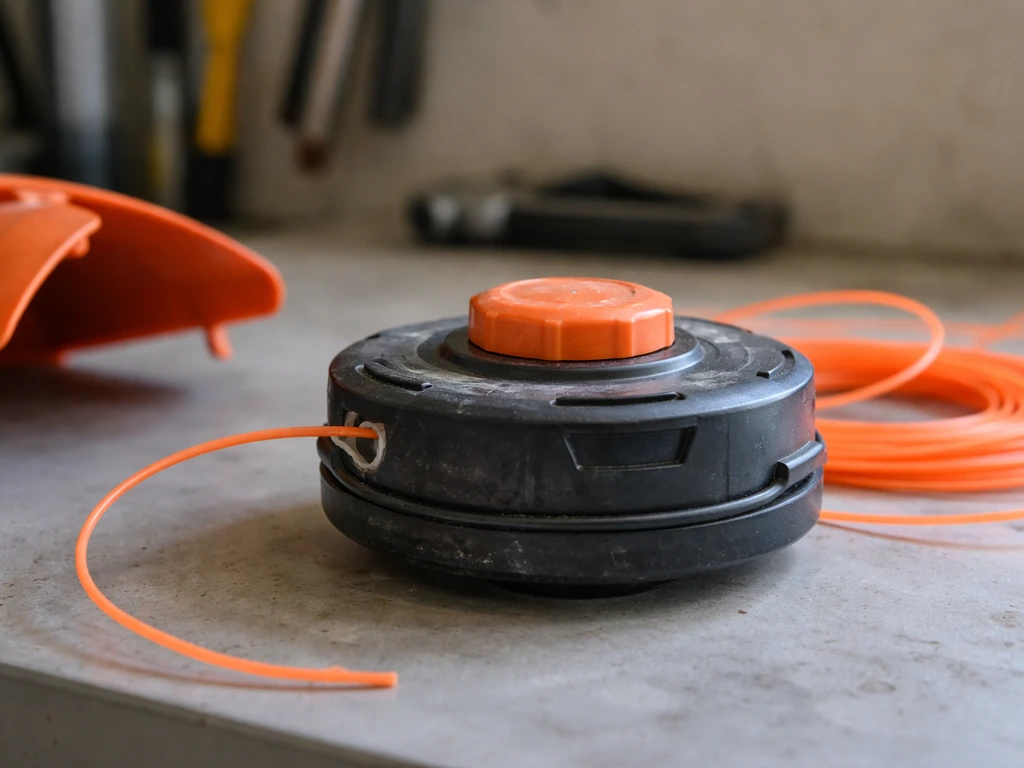 Gros plan d’une tête à fil automatique et du protège-fil sur un établi d’atelier, fibres de fil visibles.