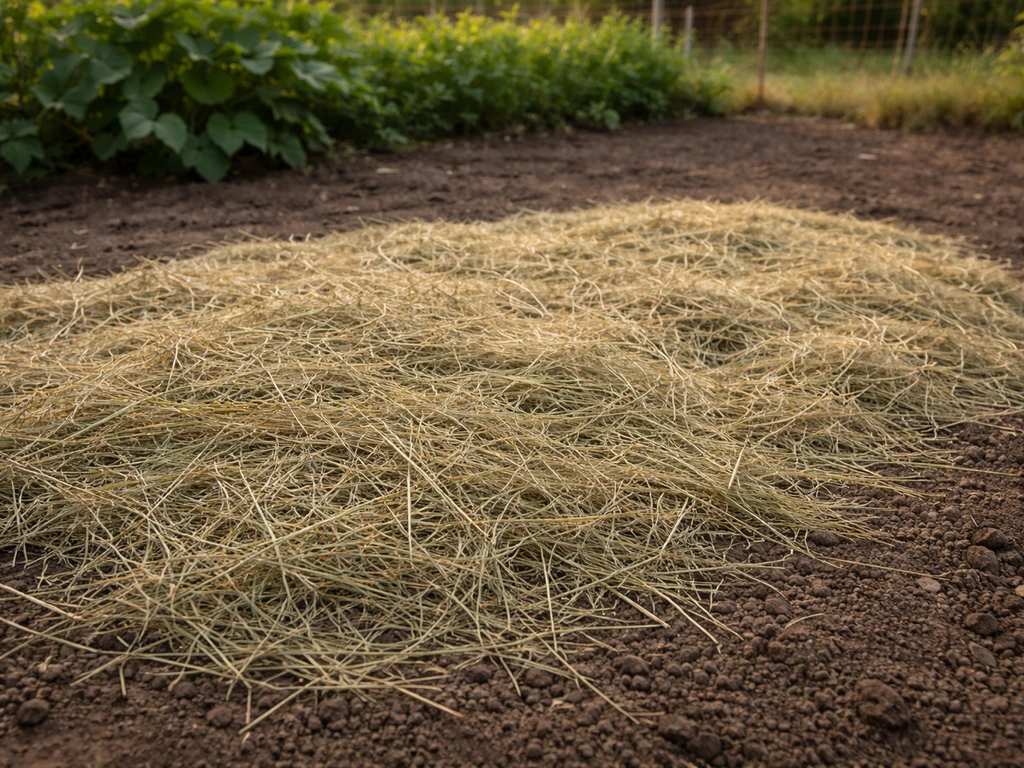 Herbe coupée bien sèche étalée en couche fine sur une terre de jardin, prête pour paillage