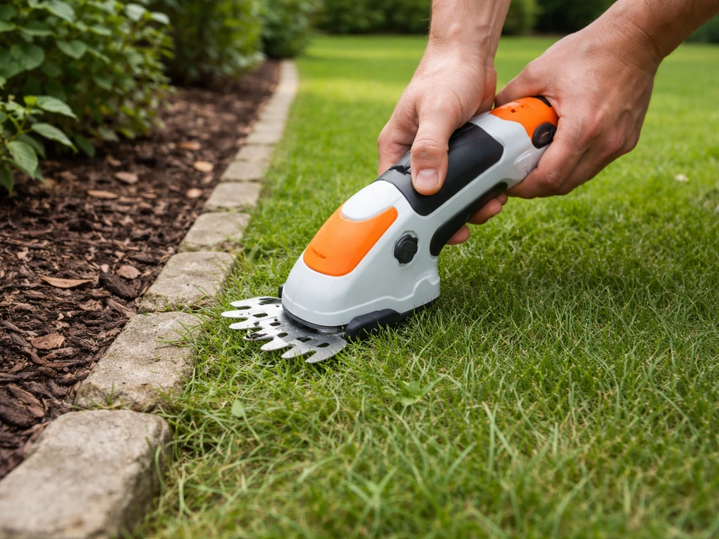 Taille-herbe sans fil en action, coupe nette près d’une bordure au jardin