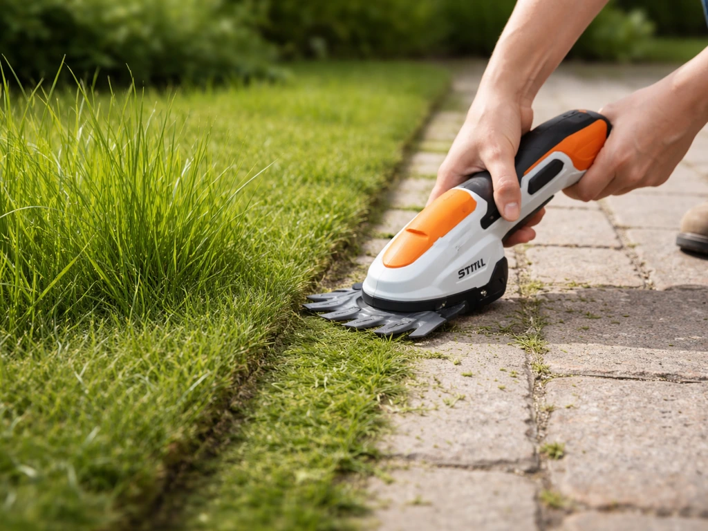 Cisaille coupe-herbe en action sur une bordure, herbe nette d’un côté et non travaillée de l’autre.