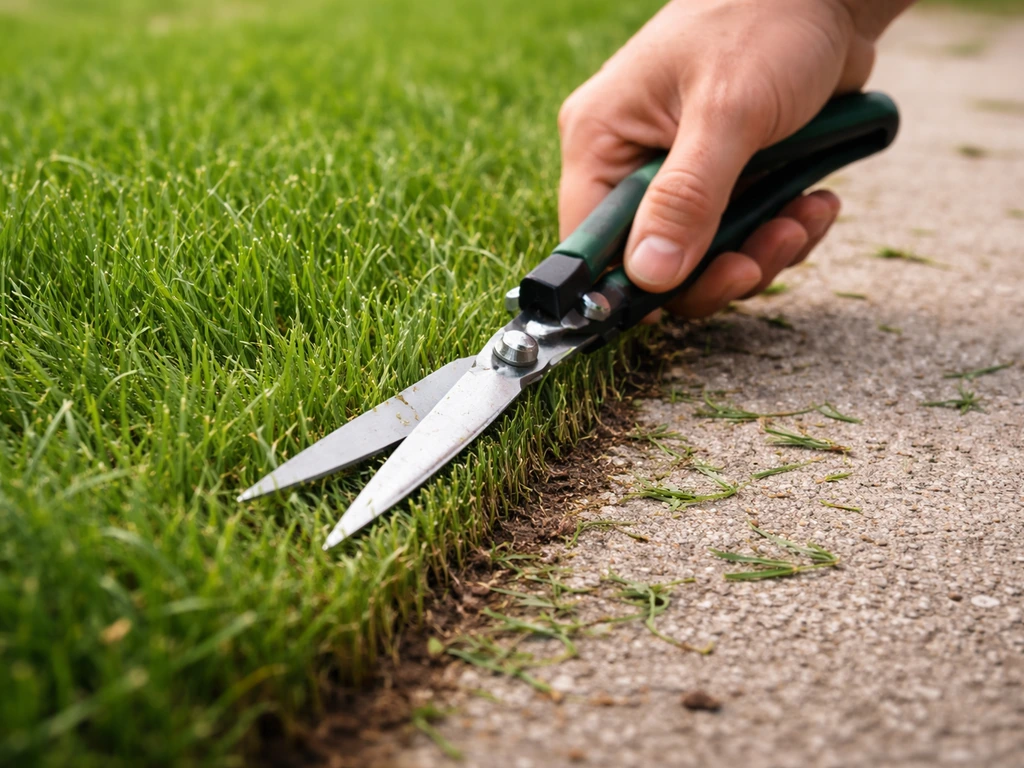 Gros plan sur des ciseaux de bordure taillant une bordure d’allée, herbe coupée nette et arêtes propres.
