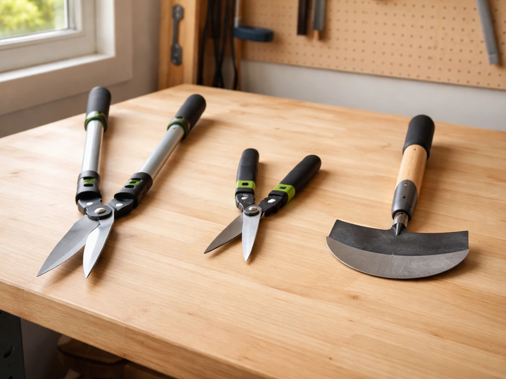 Trois outils de taille à main disposés sur une table en bois : cisaille de bordure, cisaille courte et demi-lune.