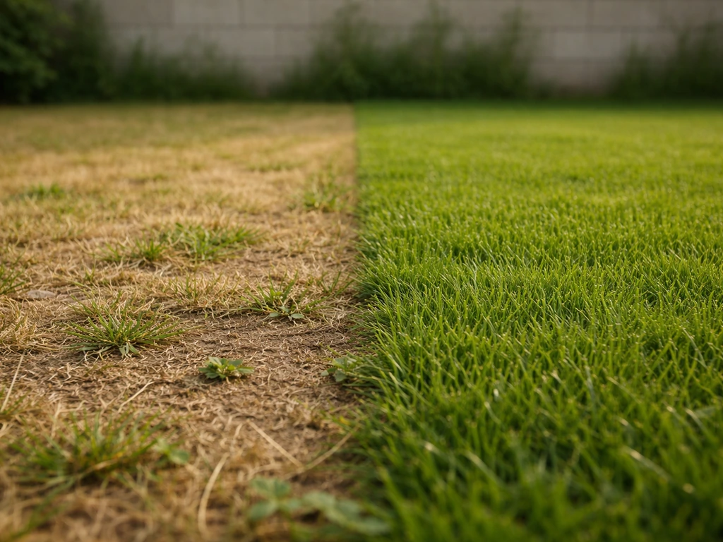 Comparaison discrète avant/après d’une pelouse : coupe trop ras jaunie et sol dénudé vs hauteur correcte verdoyante.