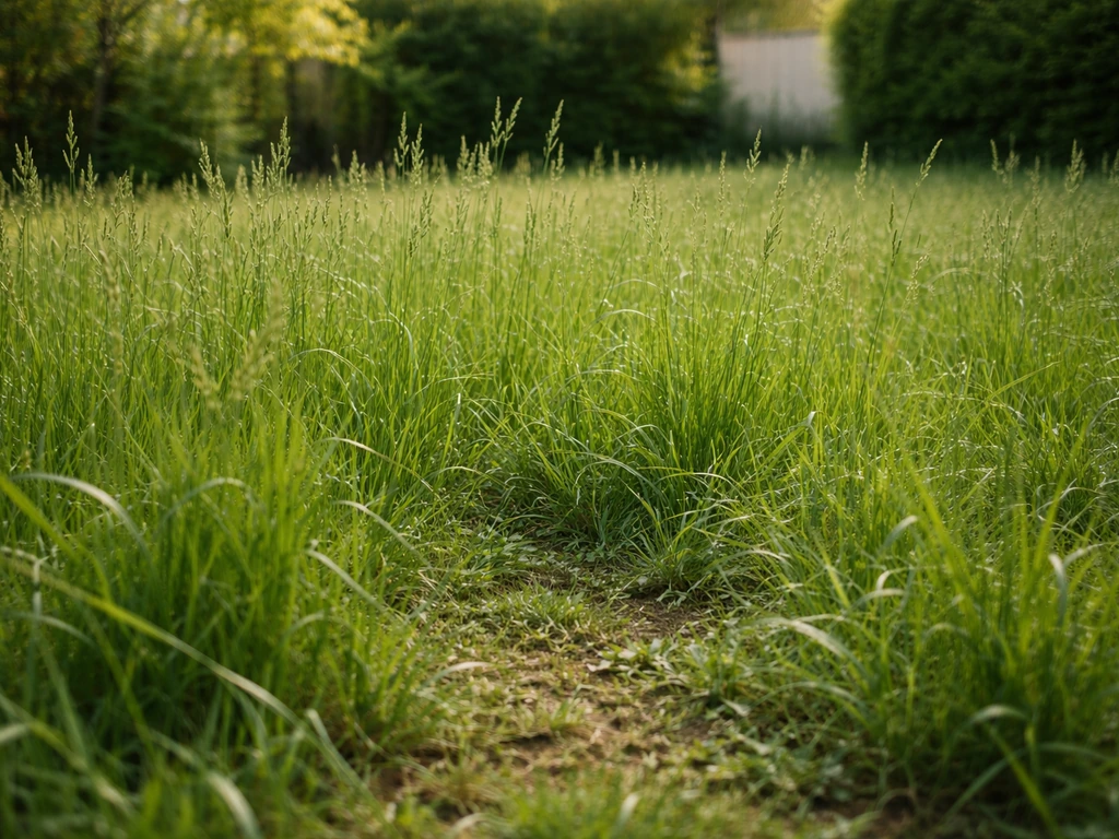 Pelouse envahie d’herbe haute, avant désherber, vue rapprochée montrant clairement les brins