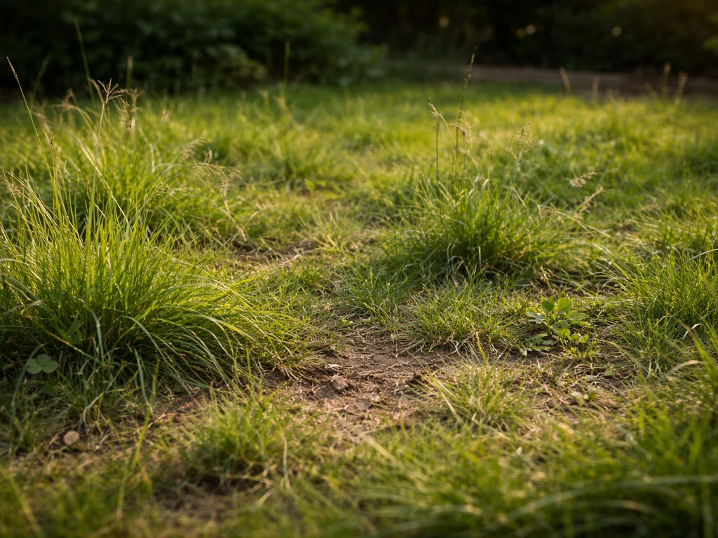 Pelouse envahie par une herbe trop haute, zones clairsemées et aspect négligé.