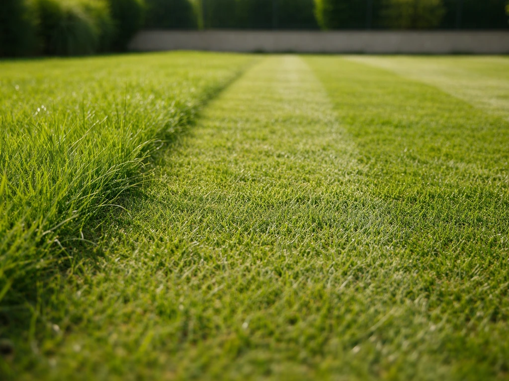 Pelouse au sol avec trois bandes d’herbe tondues à des hauteurs différentes, montrant la tonte progressive.