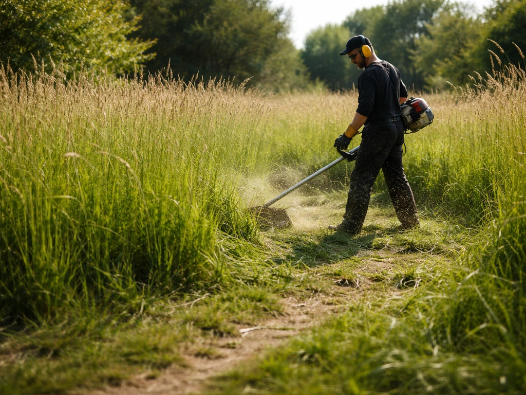 Parcelle d’herbe très haute en France, un opérateur portant un équipement coupe la végétation avec une débroussailleuse.