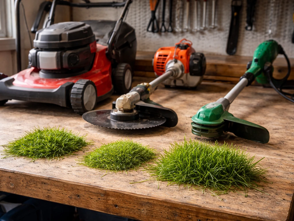 Tondeuse à plateau réglable et débroussailleuse sur établi, montrant différents niveaux de coupe pour l’herbe dense.