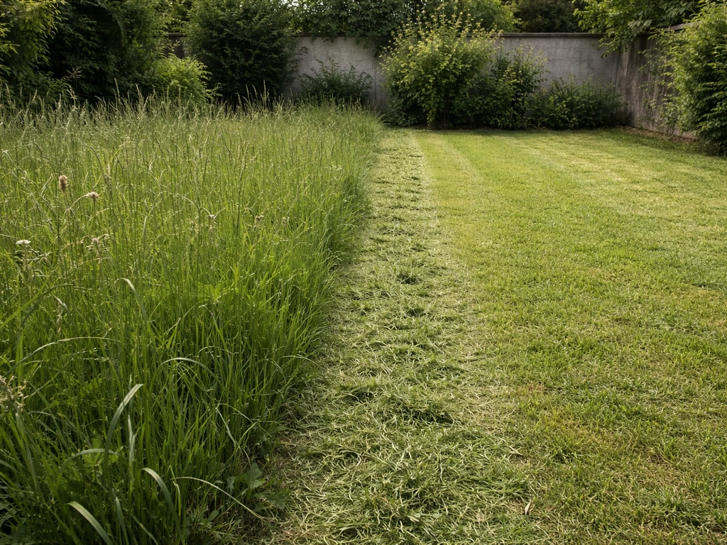 Jardin avec herbe très haute, traces de passage : d’abord débroussailleuse, puis tonte au premier plan.