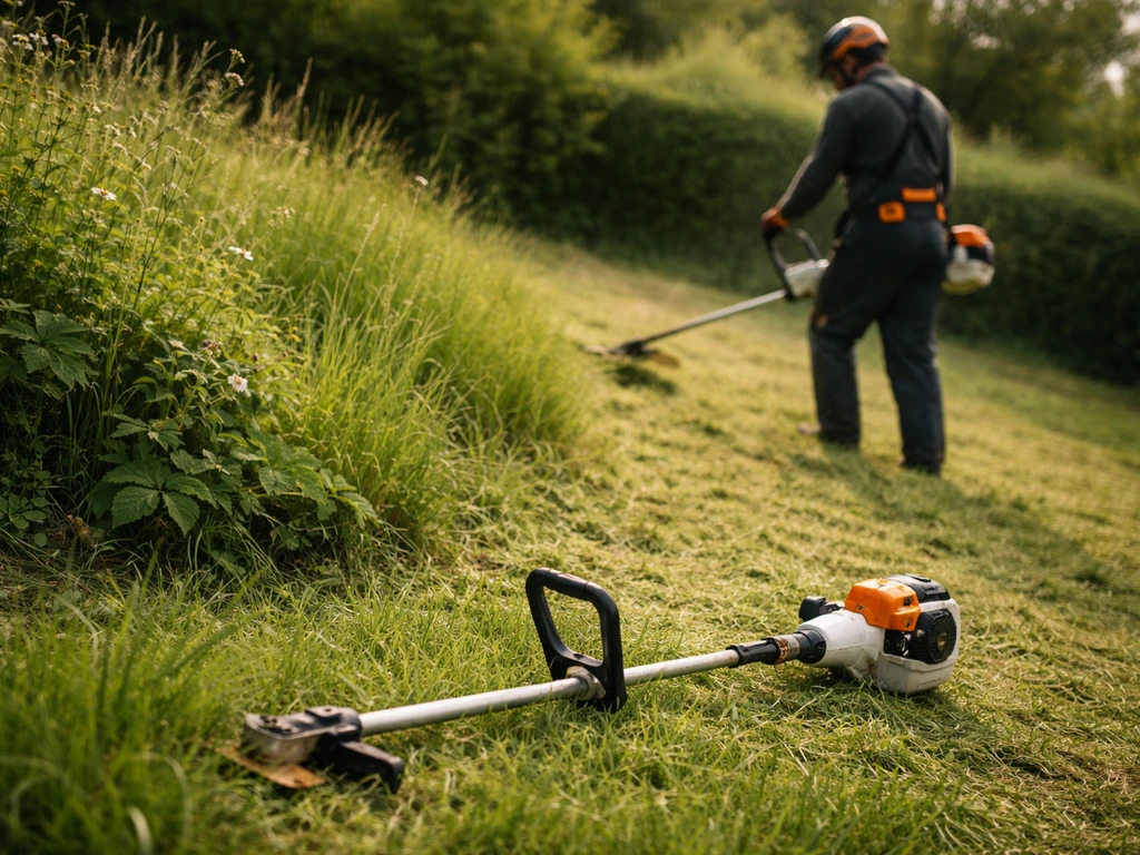 Débroussailleuse en action dans un jardin irrégulier, herbe haute et touffes épaisses, posture de sécurité.