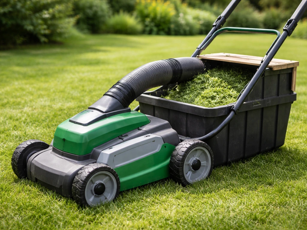 Tondeuse de jardin avec un ramasse-herbe fabriqué maison, bac rigide et herbe coupée captée en action.