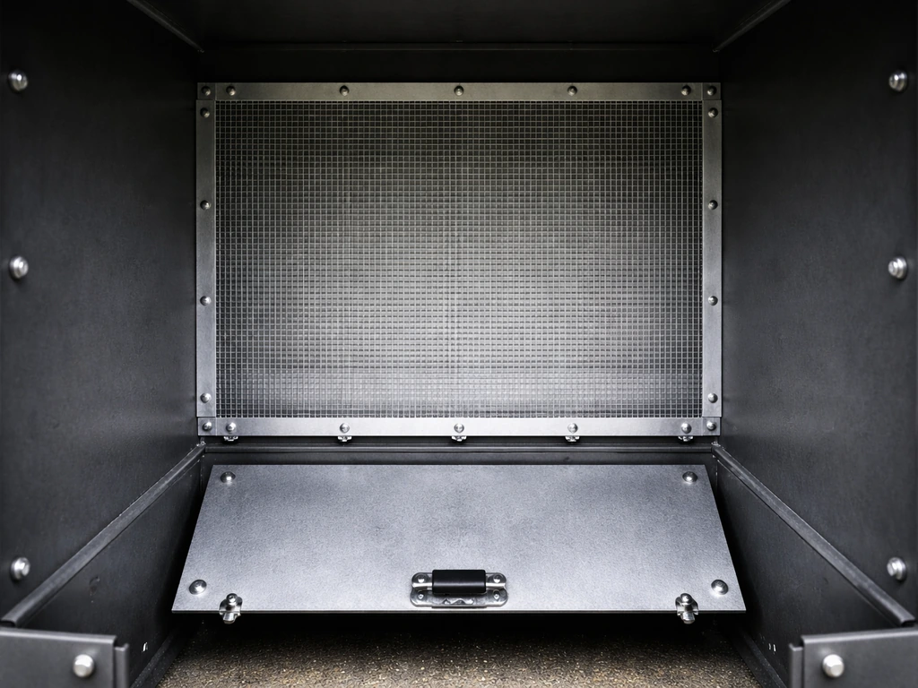 Intérieur d’un bac : grillage arrière tendu et trappe de vidage, fixé par agrafes inox.