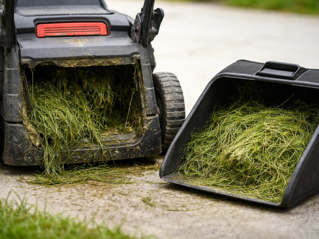 Tondeuse ouverte : conduit d’éjection et bac partiellement remplis, herbe humide colmatée.