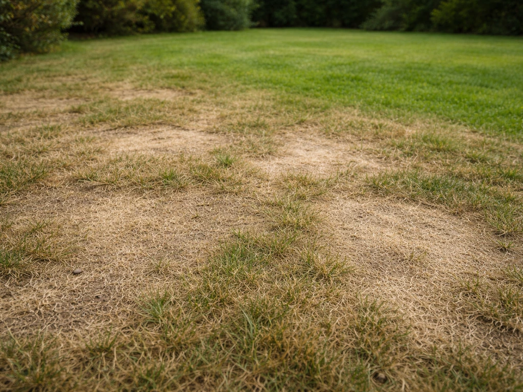 Pelouse française brunâtre par plaques avec une zone encore verte, illustrant l’herbe sèche