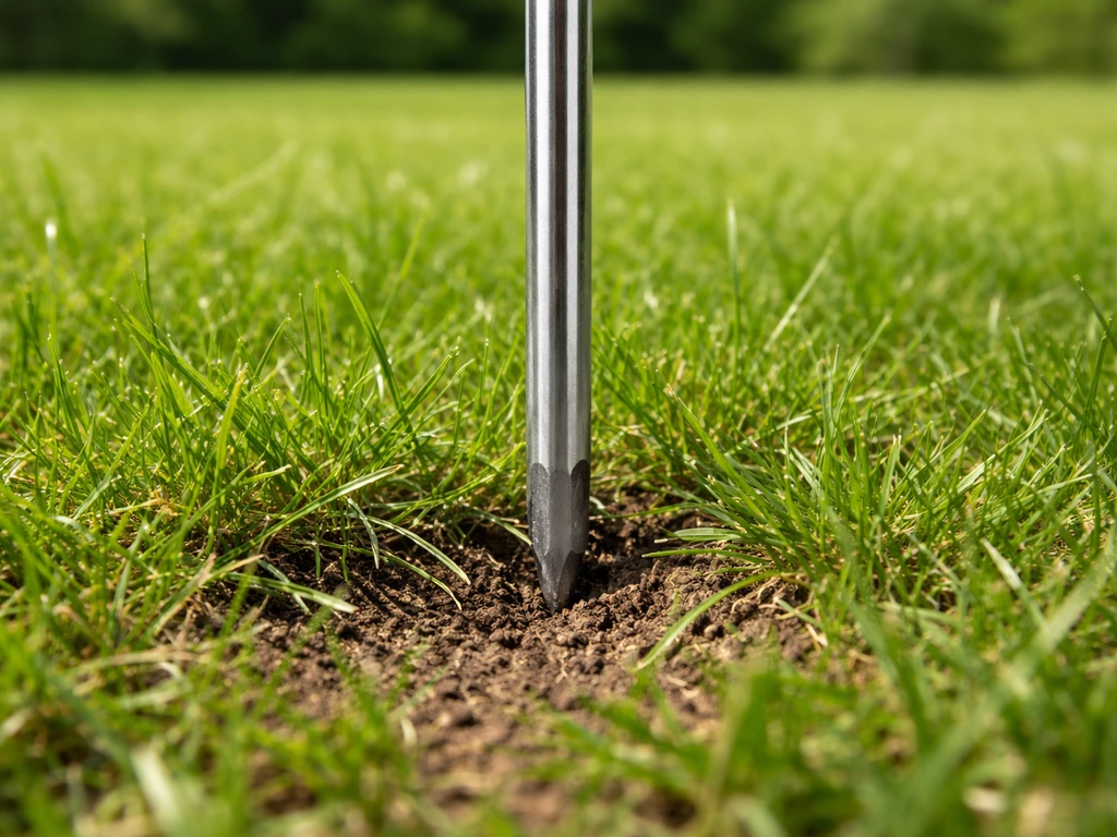 Un tournevis planté dans la pelouse, pour montrer la texture et la profondeur du sol