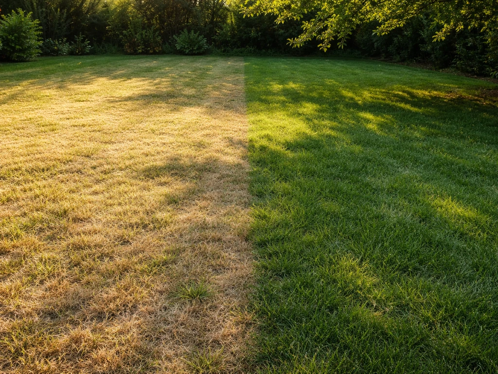 Deux zones de pelouse : l’une jaunie au soleil, l’autre plus verte à l’ombre.