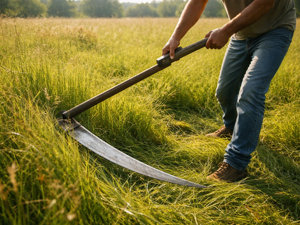 Une faux ancienne coupe l’herbe dans une prairie, lame et geste de coupe bien visibles