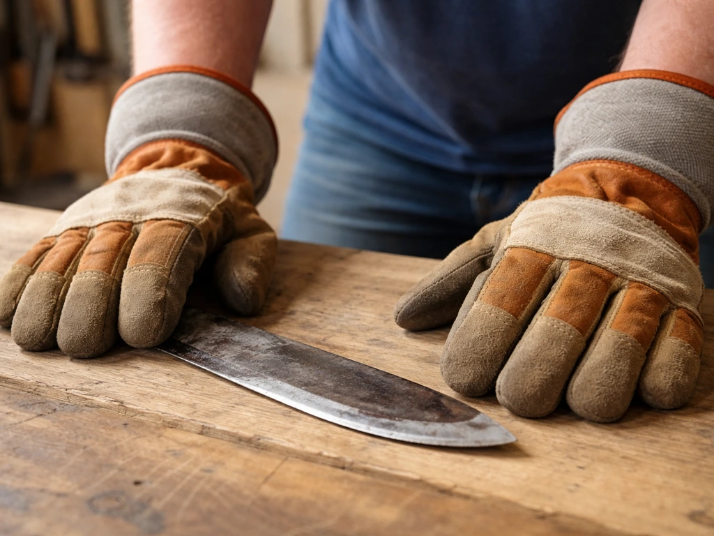 Main gantée tenant une lame d’outil ancien, posé sur établi, avant-bras protégé contre les coupures.
