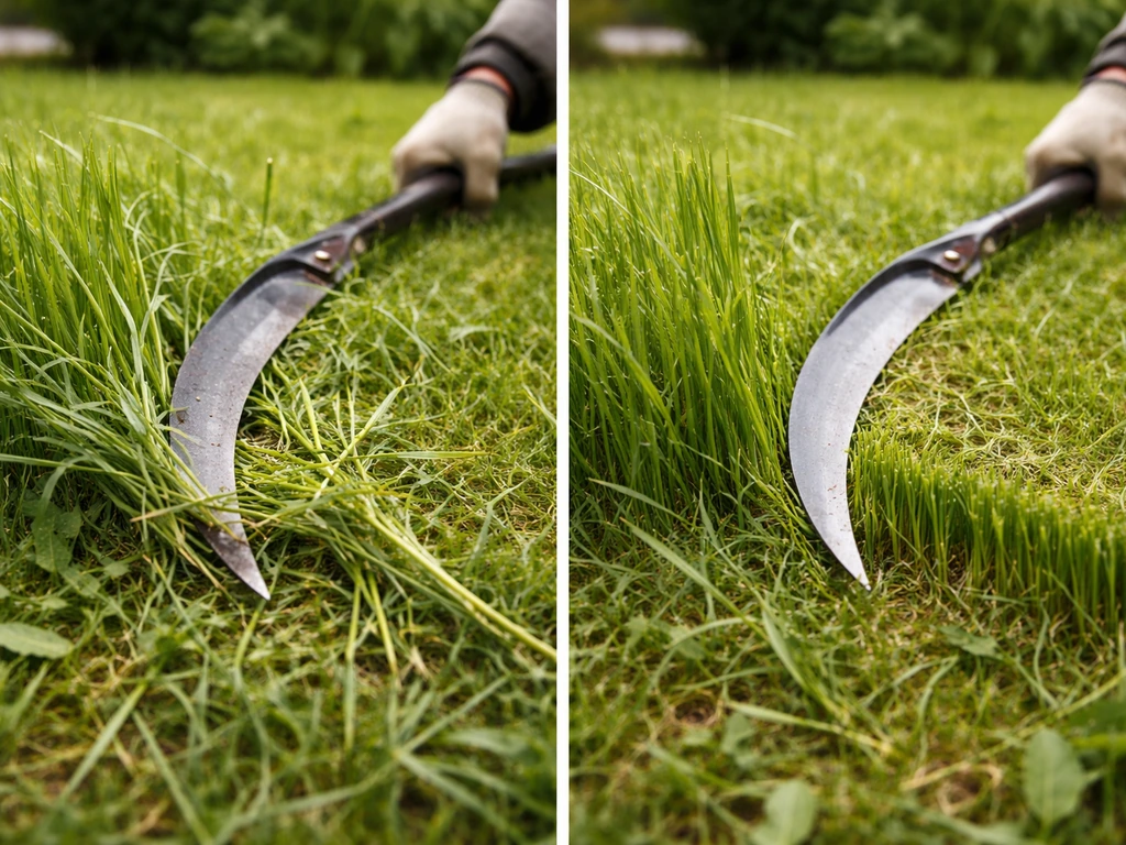 Comparaison visuelle : lame qui accroche dans l’herbe vs lame affûtée qui coupe net, jardin privé