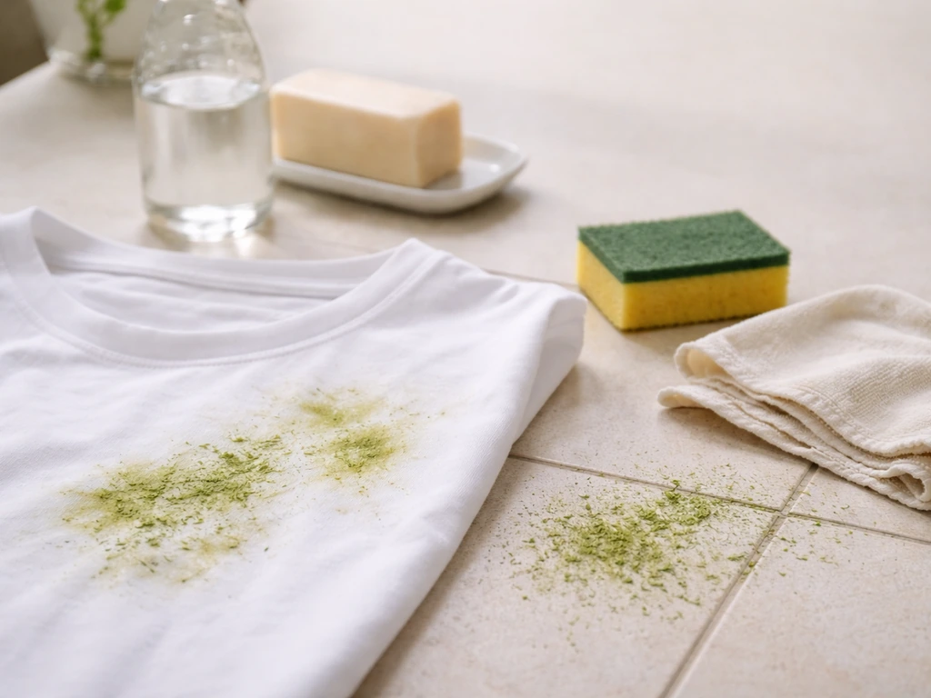 Vêtement taché d’herbe verte et carrelage/terrasse, avec vinaigre blanc et savon détachant à côté.