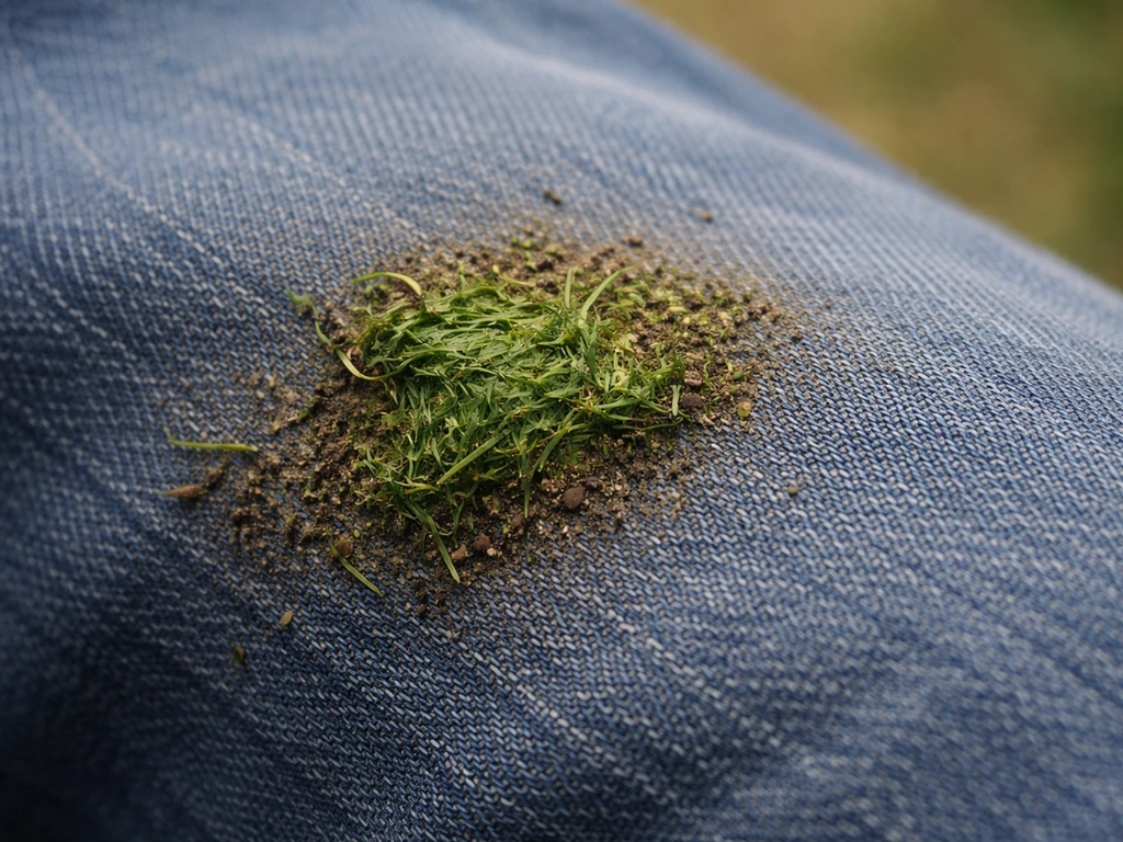 Gros plan sur une tache d’herbe verte fraîche sur un jean, fibres visibles et petits résidus d’herbe