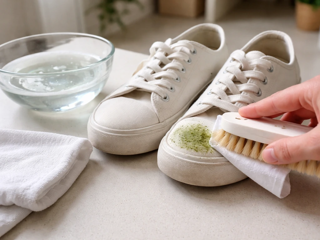 Sneakers textiles blanches avec tache d’herbe, chiffon et brosse appliquant une solution eau froide et liquide vaisselle