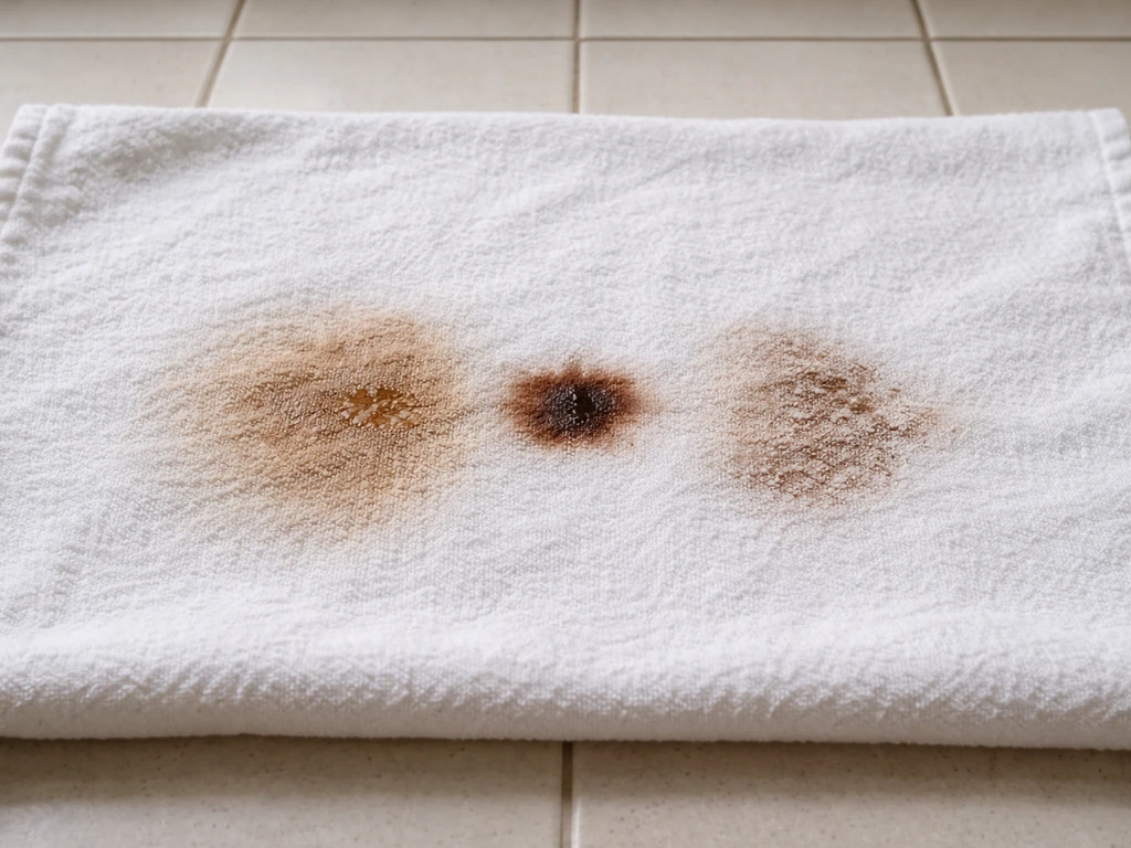 Serviette blanche avec une tache : zone plus foncée après eau tiède/chaude et tache étalée après frottage.