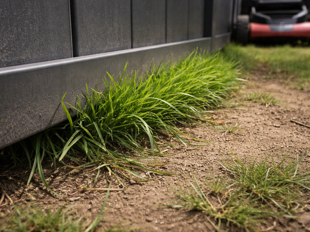 Gros plan d’herbe humide sous une clôture, la tondeuse ne peut pas atteindre la zone