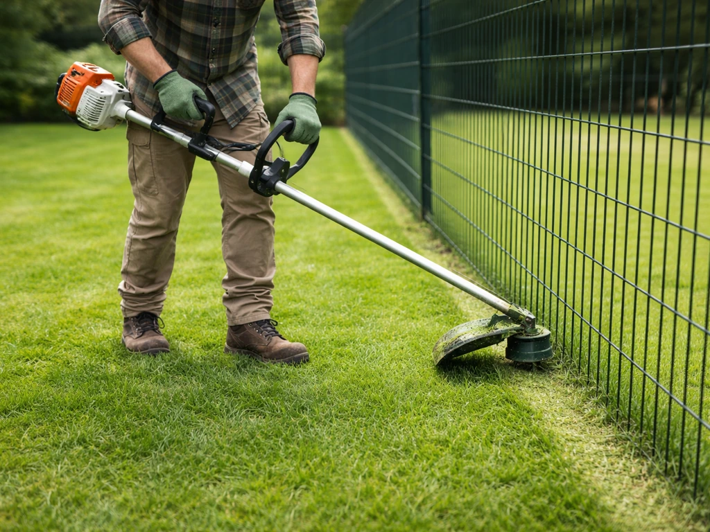 Coupe-bordures manié en biais sous un grillage, herbe coupée net, sans toucher la clôture.