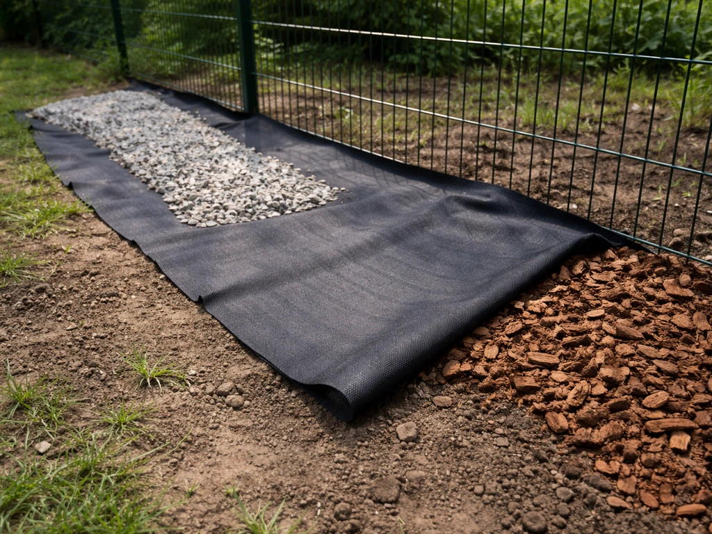 Pose d’une toile géotextile au pied d’une clôture, recouverte de gravier et d’écorces de pin.