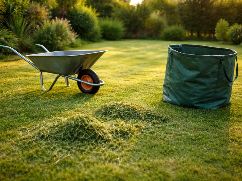 Pelouse après tonte, herbe de tonte broyée visible et un sac prêt pour le ramassage ou le paillage