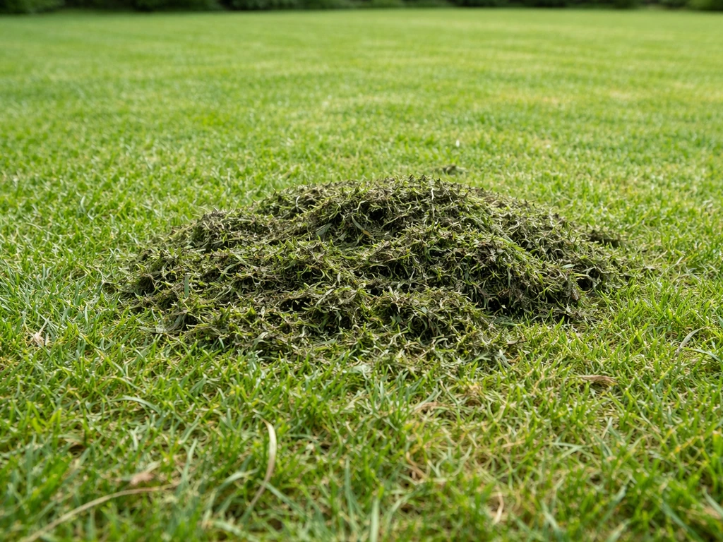 Amas épais et humides d’herbe laissée sur la pelouse, avec herbe plus régulière autour.
