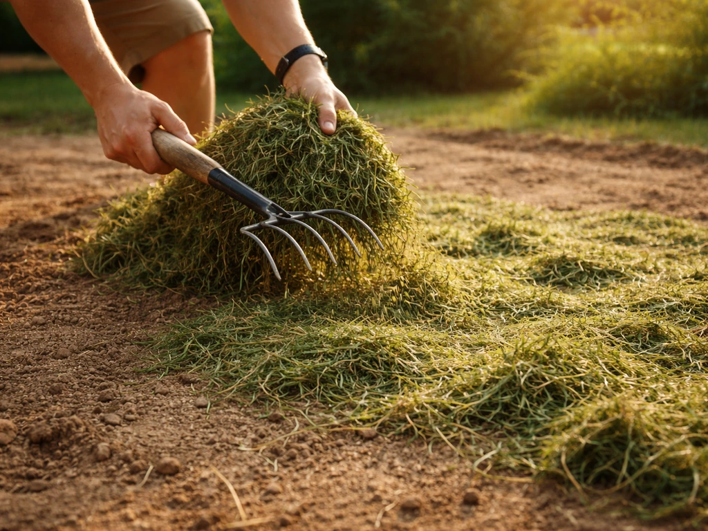 Herbe de tonte fraîche étalée en couche fine au soleil pour sécher, mains anonymes en arrière-plan.
